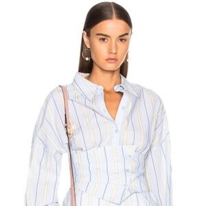 Tibi Corset Belted Top in Blue Stripe Multi